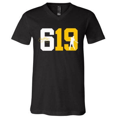 San Diego 619 Brown White Gold Classic Baseball V-Neck T-Shirt