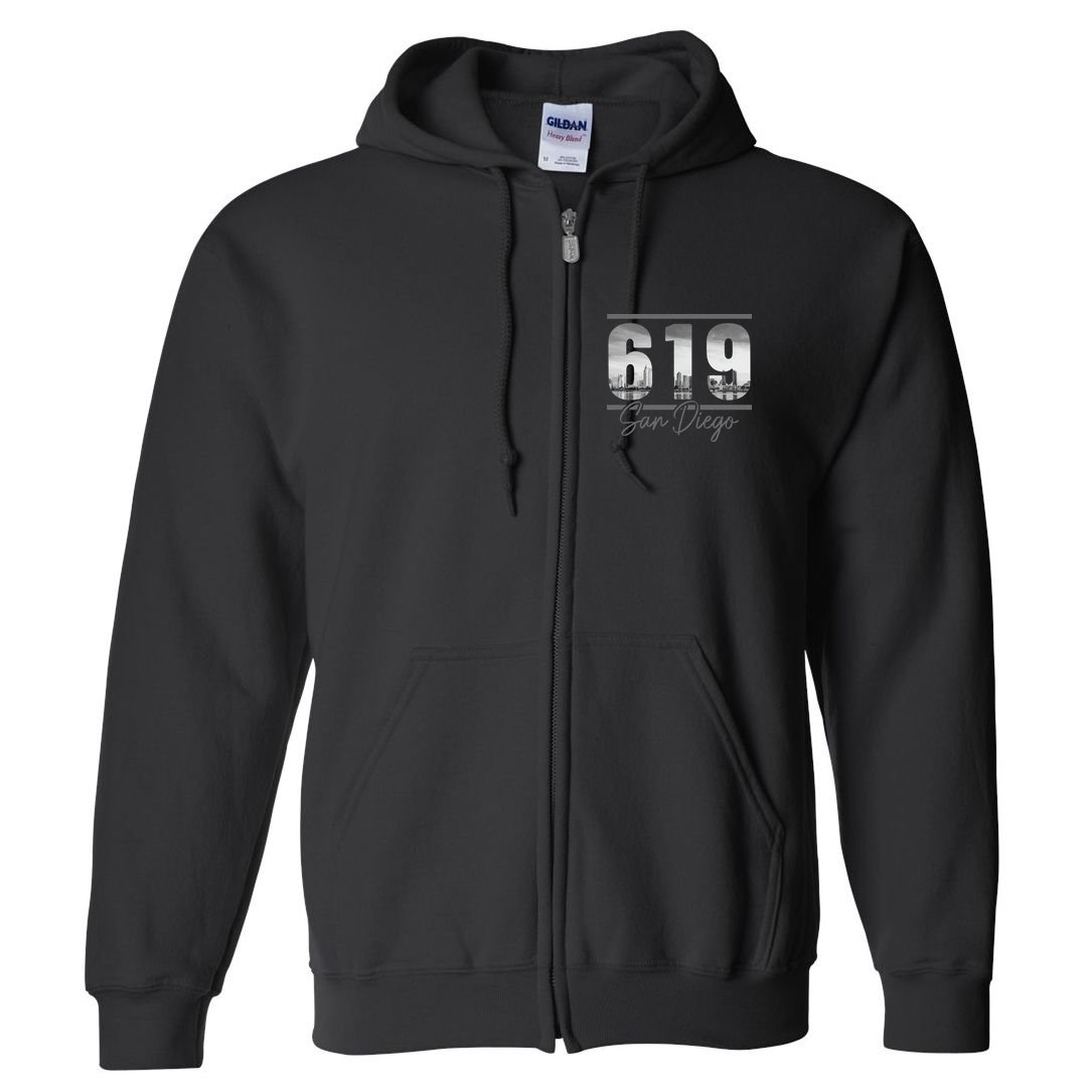 San Diego 619 Area Code Vintage Skyline California Full Zip Hoodie