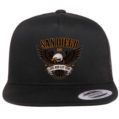 San Diego 619 Area Code And Eagle For Motorcycle Enthusiast Flat Bill Trucker Hat