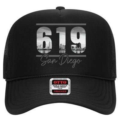 San Diego 619 Area Code Vintage Skyline California High Crown Mesh Back Trucker Hat