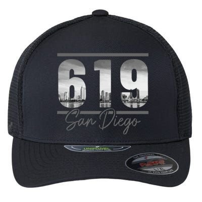 San Diego 619 Area Code Vintage Skyline California Flexfit Unipanel Trucker Cap