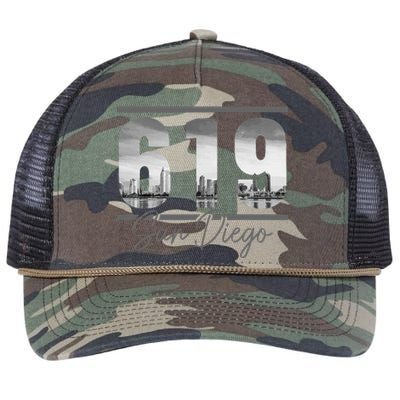 San Diego 619 Area Code Vintage Skyline California Retro Rope Trucker Hat Cap