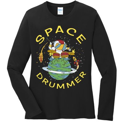 Space Drummer Astronaut Ladies Long Sleeve Shirt