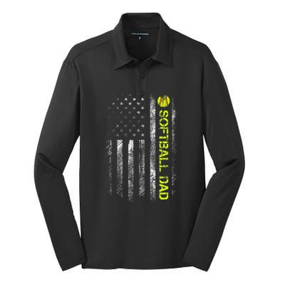 Softball Dad American Flag Vintage Softball Lovers Silk Touch Performance Long Sleeve Polo