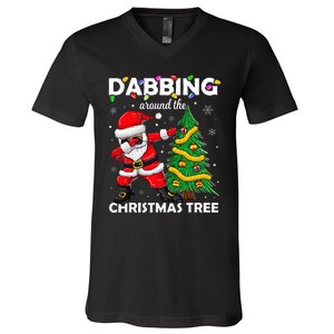 Santa Dabbing Around the Christmas Tree Lights V-Neck T-Shirt