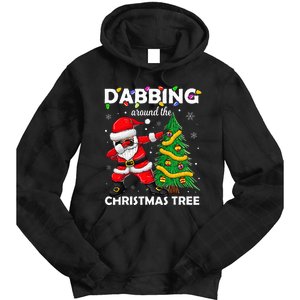 Santa Dabbing Around the Christmas Tree Lights Tie Dye Hoodie