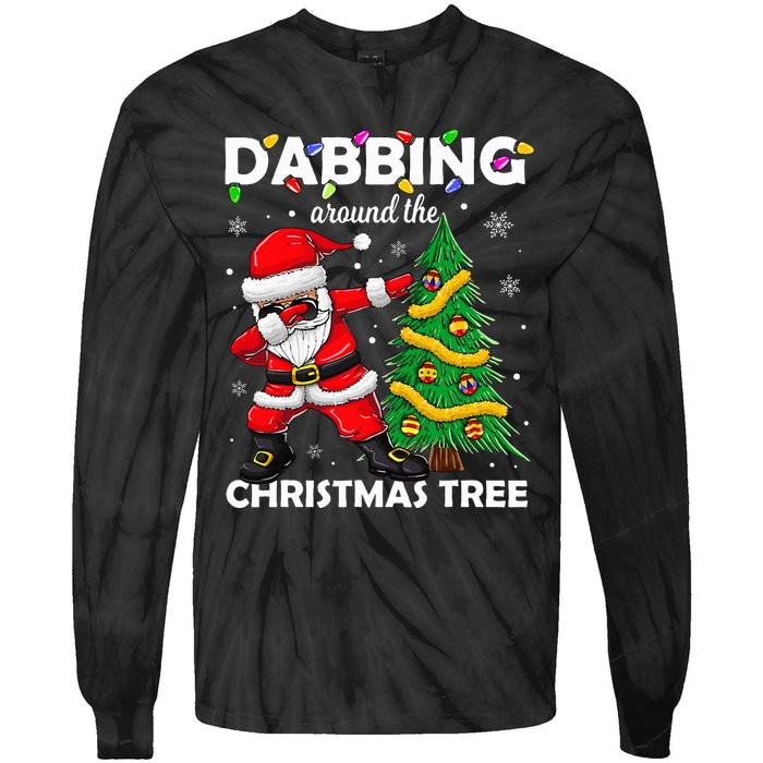 Santa Dabbing Around the Christmas Tree Lights Tie-Dye Long Sleeve Shirt