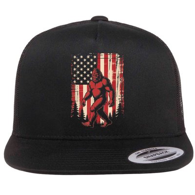 Sasquatch Distressed American Flag Flat Bill Trucker Hat
