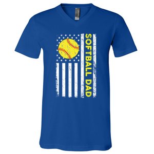 Softball Dad American Flag Fathers Day Cool Gift V-Neck T-Shirt