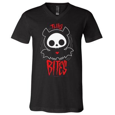 Skelanimals Diego Bat This Bites Red Halloween Spooky Logo V-Neck T-Shirt