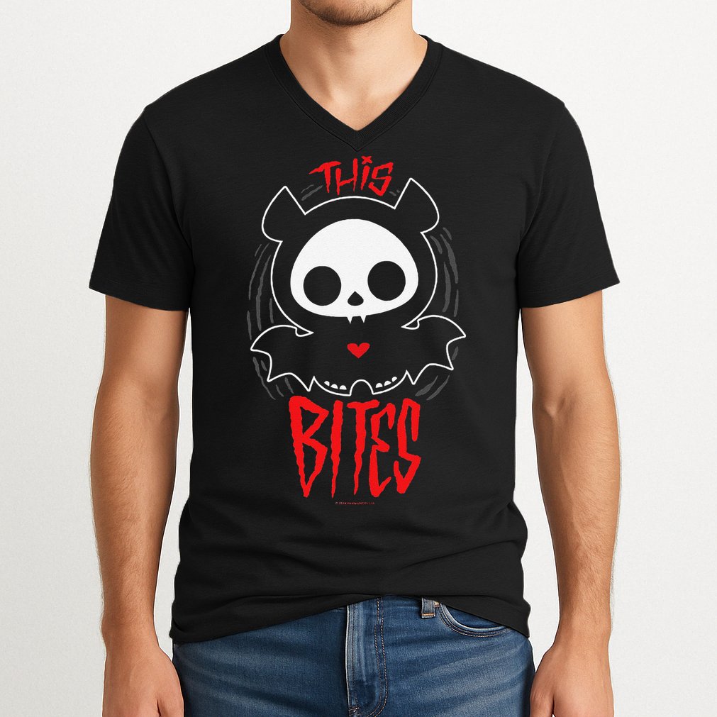 Skelanimals Diego Bat This Bites Red Halloween Spooky Logo V-Neck T-Shirt