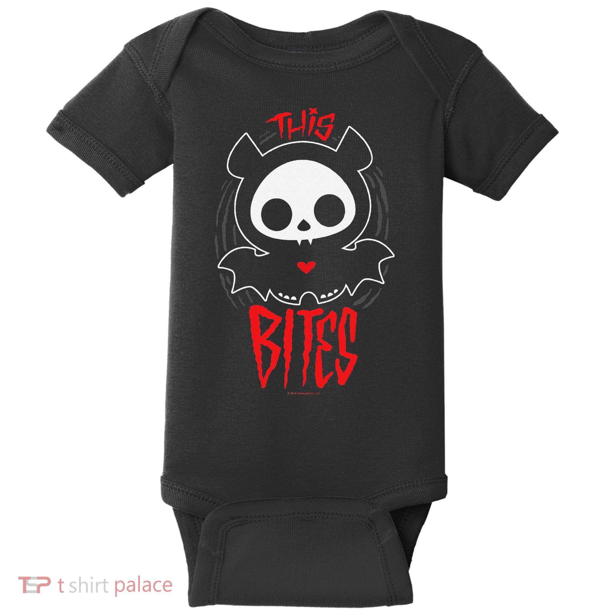 Skelanimals Diego Bat This Bites Red Halloween Spooky Logo Baby Bodysuit