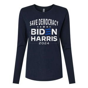 Save Democracy Biden Harris America Vote Blue 2024 Election Womens Cotton Relaxed Long Sleeve T-Shirt