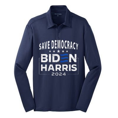 Save Democracy Biden Harris America Vote Blue 2024 Election Silk Touch Performance Long Sleeve Polo