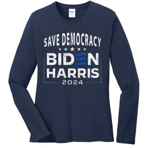 Save Democracy Biden Harris America Vote Blue 2024 Election Ladies Long Sleeve Shirt