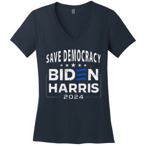 Save Democracy Biden Harris America Vote Blue 2024 Election Women's V-Neck T-Shirt