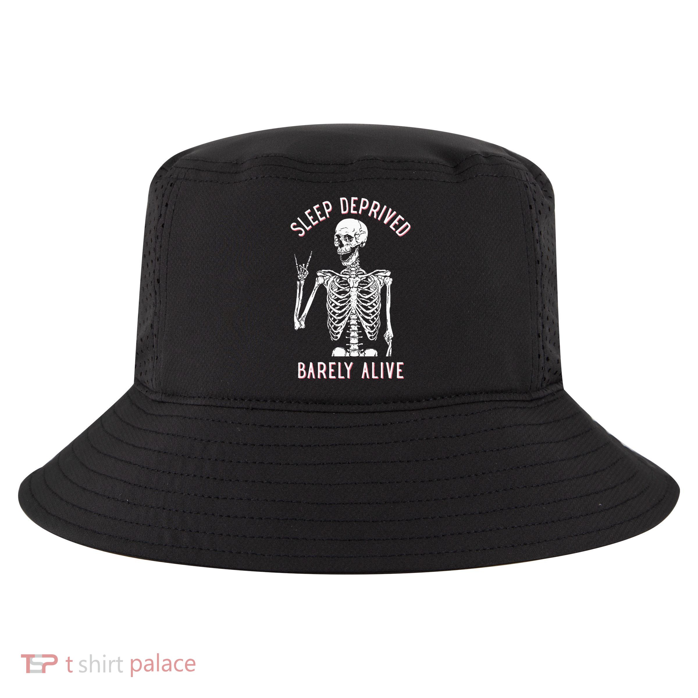 Sleep Deprived Barely Alive Funny Skeleton Halloween Cool Comfort Performance Bucket Hat