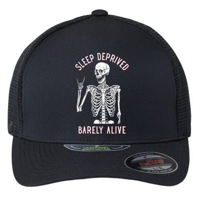Sleep Deprived Barely Alive Funny Skeleton Halloween Flexfit Unipanel Trucker Cap