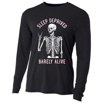Sleep Deprived Barely Alive Funny Skeleton Halloween Cooling Performance Long Sleeve Crew