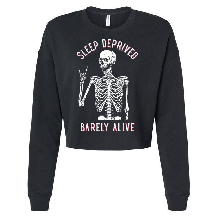 Sleep Deprived Barely Alive Funny Skeleton Halloween Cropped Pullover Crew
