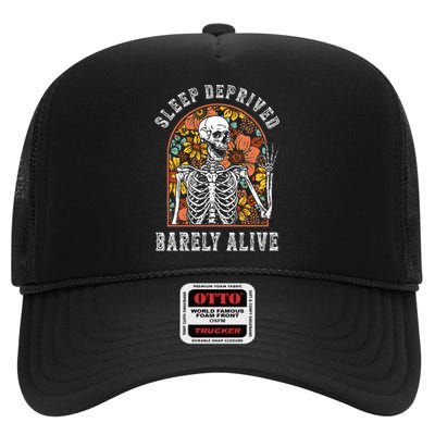 Sleep Deprived Barely Alive Funny Skeleton Halloween Shost High Crown Mesh Back Trucker Hat