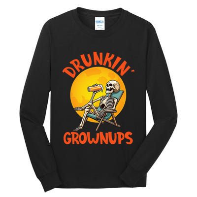 Skeleton Drinking Beer Halloween Drinker Drunkin Grownups Tall Long Sleeve T-Shirt