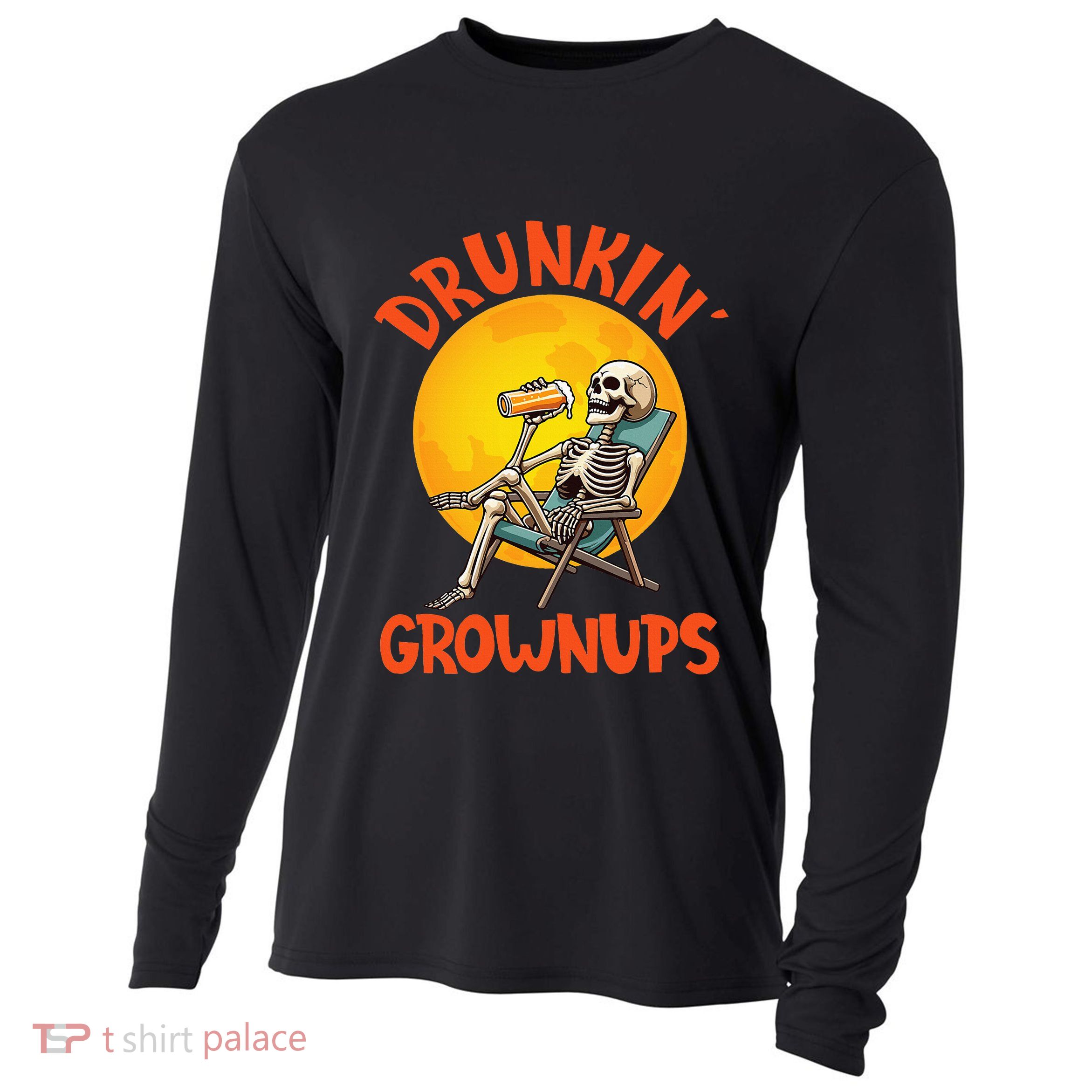 Skeleton Drinking Beer Halloween Drinker Drunkin Grownups Cooling Performance Long Sleeve Crew