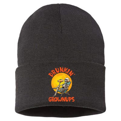 Skeleton Drinking Beer Halloween Drinker Drunkin Grownups Sustainable Knit Beanie