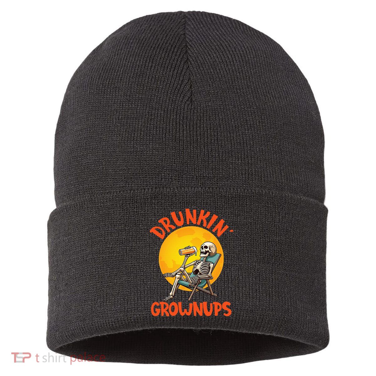 Skeleton Drinking Beer Halloween Drinker Drunkin Grownups Sustainable Knit Beanie