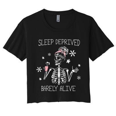 Sleep Deprived Barely Alive Skeleton Halloween Women's Crop Top Tee