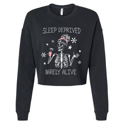 Sleep Deprived Barely Alive Skeleton Halloween Cropped Pullover Crew