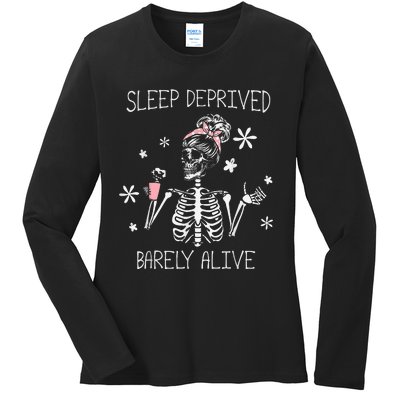 Sleep Deprived Barely Alive Skeleton Halloween Ladies Long Sleeve Shirt