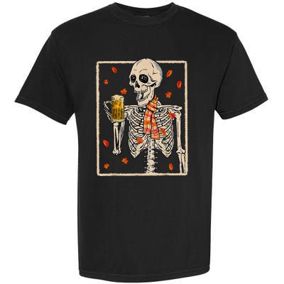 Skeleton Drinking Beer Retro Halloween Costume Beer Drink Garment-Dyed Heavyweight T-Shirt