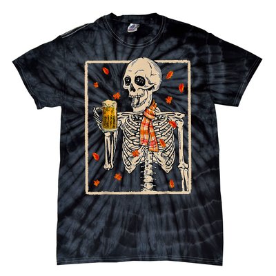 Skeleton Drinking Beer Retro Halloween Costume Beer Drink Tie-Dye T-Shirt