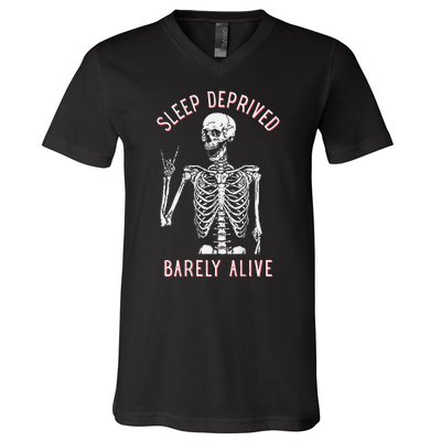 Sleep Deprived Barely Alive Funny Skeleton Halloween (Back) V-Neck T-Shirt