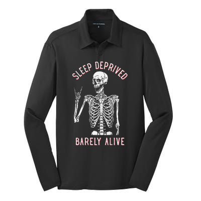 Sleep Deprived Barely Alive Funny Skeleton Halloween (Back) Silk Touch Performance Long Sleeve Polo