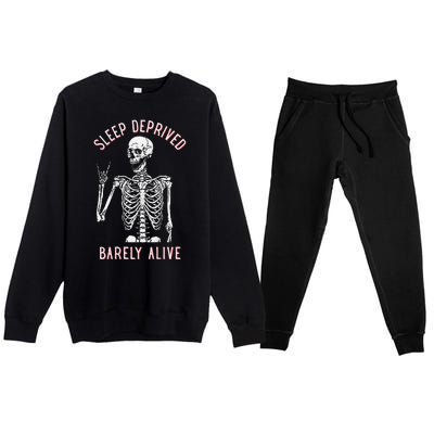 Sleep Deprived Barely Alive Funny Skeleton Halloween (Back) Premium Crewneck Sweatsuit Set