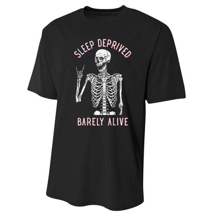 Sleep Deprived Barely Alive Funny Skeleton Halloween (Back) Performance Sprint T-Shirt