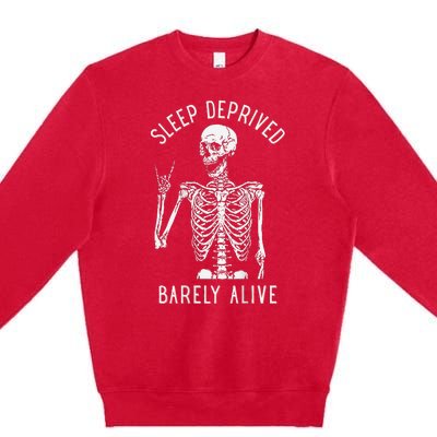 Sleep Deprived Barely Alive Funny Skeleton Halloween (Back) Premium Crewneck Sweatshirt