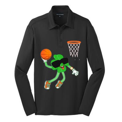 Shamrock Dabbing Basketball St Patricks Day Gift Silk Touch Performance Long Sleeve Polo