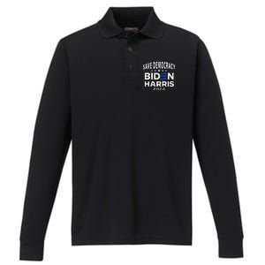 Save Democracy Biden Harris America Vote Blue 2024 Election Performance Long Sleeve Polo