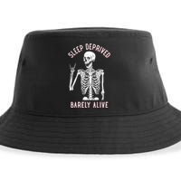 Sleep Deprived Barely Alive Funny Skeleton Halloween Funny Sarcastic G Sustainable Bucket Hat