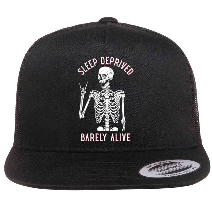 Sleep Deprived Barely Alive Funny Skeleton Halloween Funny Sarcastic G Flat Bill Trucker Hat