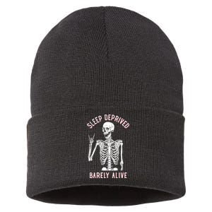 Sleep Deprived Barely Alive Funny Skeleton Halloween Funny Sarcastic G Sustainable Knit Beanie