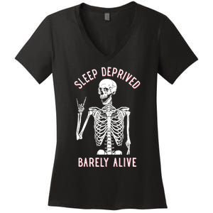 Sleep Deprived Barely Alive Funny Skeleton Halloween Funny Sarcastic G Women's V-Neck T-Shirt