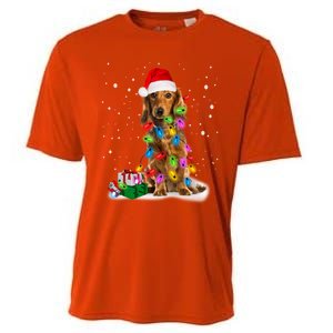 Santa Dachshund Christmas Tree Light Long Hair Dachshund Funny Gift Cooling Performance Crew T-Shirt