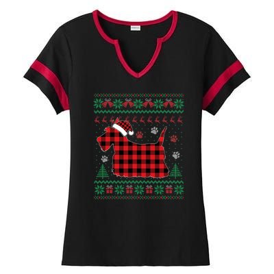 Scottie Dog Christmas Pajama Red Plaid Scottish Ugly Sweater Ladies Halftime Notch Neck Tee