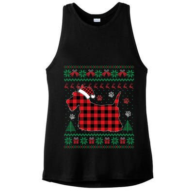 Scottie Dog Christmas Pajama Red Plaid Scottish Ugly Sweater Ladies PosiCharge Tri-Blend Wicking Tank