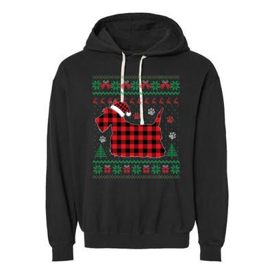 Scottie Dog Christmas Pajama Red Plaid Scottish Ugly Sweater Garment-Dyed Fleece Hoodie