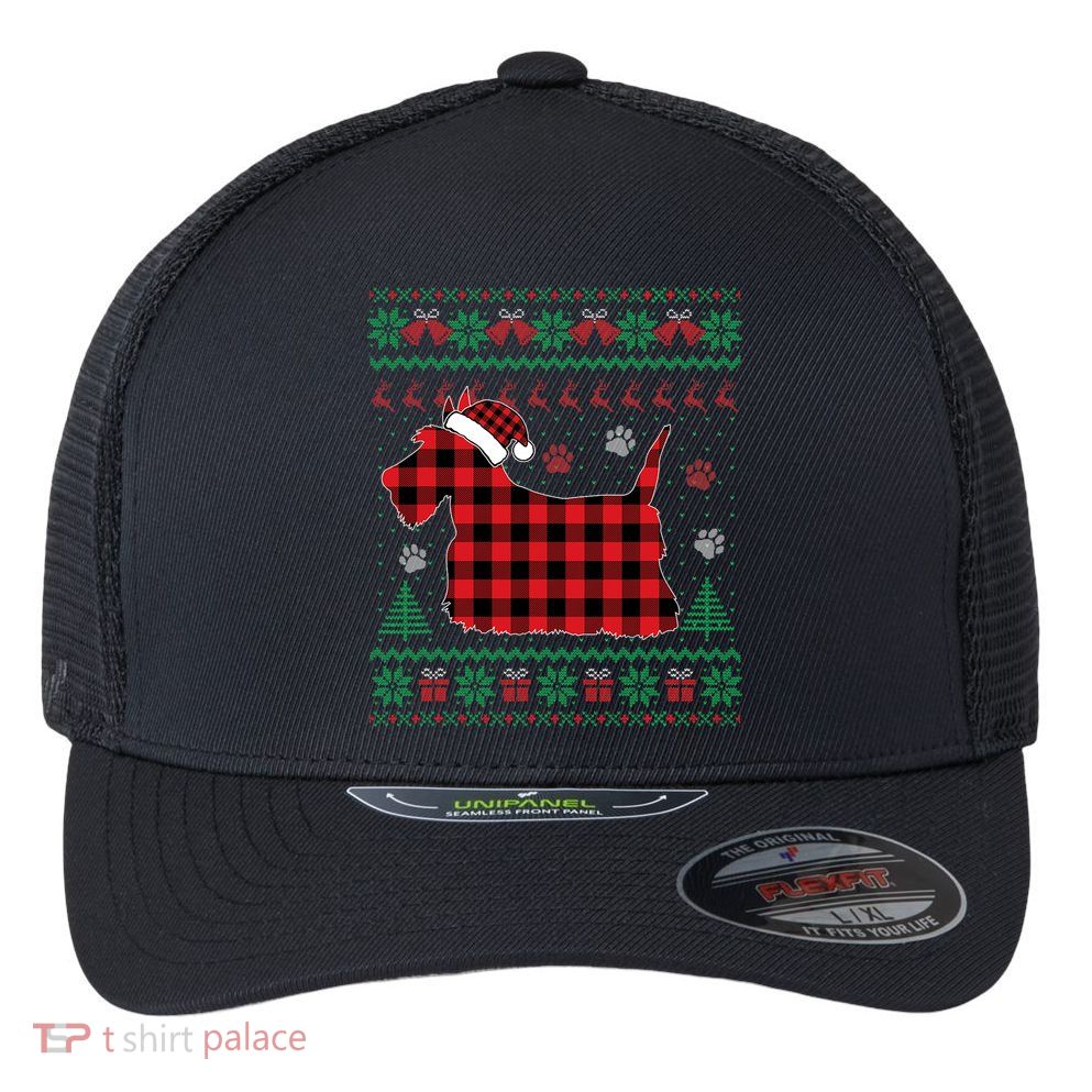 Scottie Dog Christmas Pajama Red Plaid Scottish Ugly Sweater Flexfit Unipanel Trucker Cap